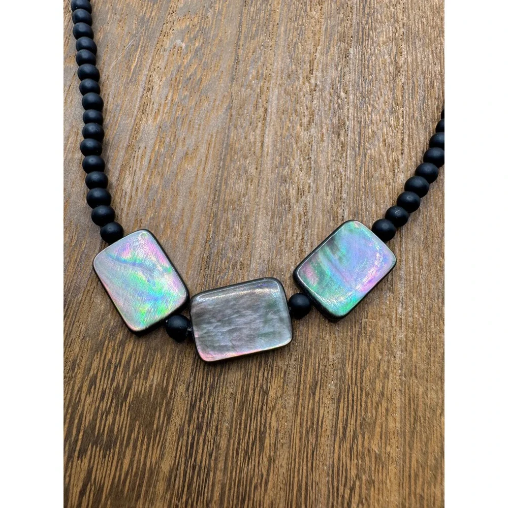 Black Matte Beaded Necklace Iridescent Rectangle Shell Abalone Style Long 36